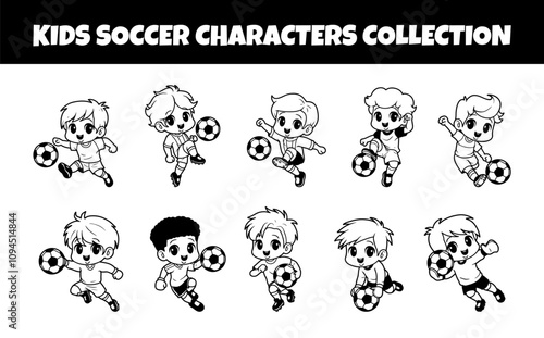 Kids soccer characters outline vector illustration set