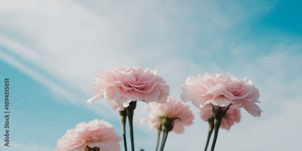 Fototapeta premium A bouquet of pink flowers with a blue sky in the background.