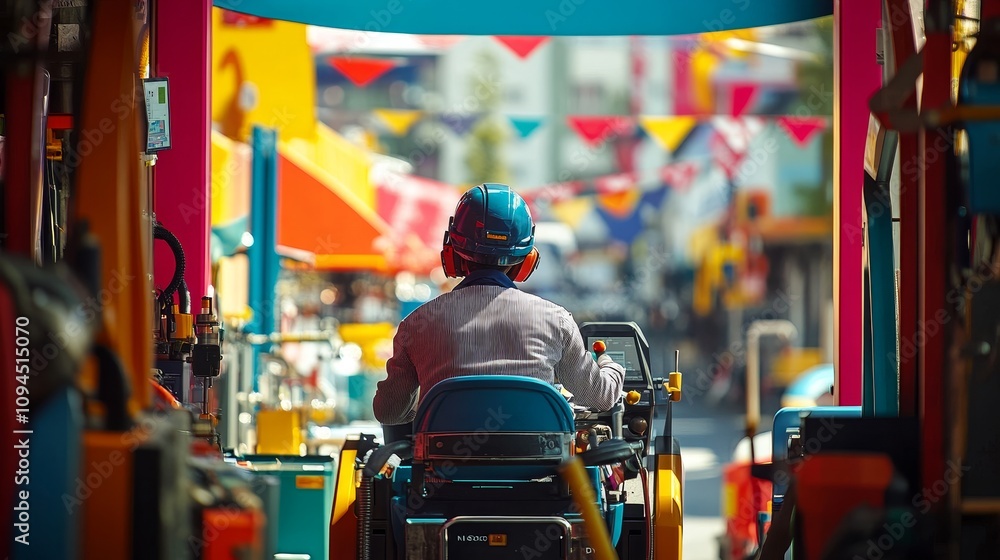 A worker driving a forklift through a brightly colored warehouse A worker driving a forklift through a brightly colored warehouse