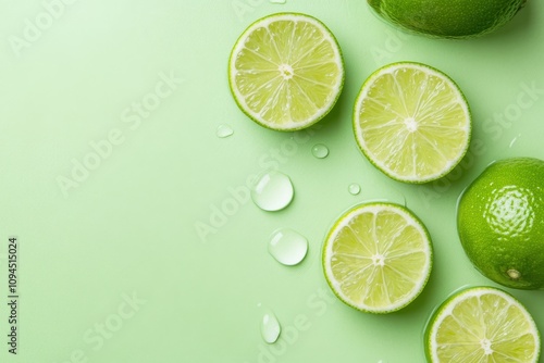 Refreshing iced lime drink with fresh garnish on green background