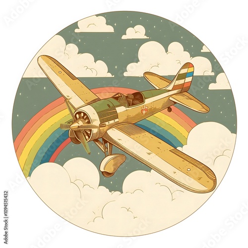 The image is a vintage-style illustration set against a warm, sunset-hued backdrop. The centerpiece is a large, retro-style passenger plane flying low over the iconic Eiffel Tower in Paris. The plane 