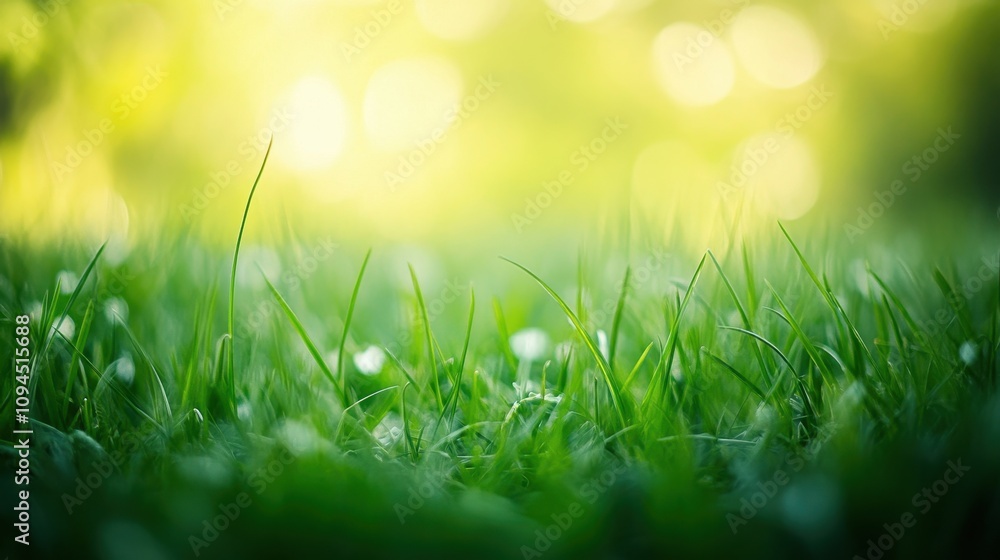 Obraz premium A close-up view of green grass with a soft, blurred background, evoking tranquility.