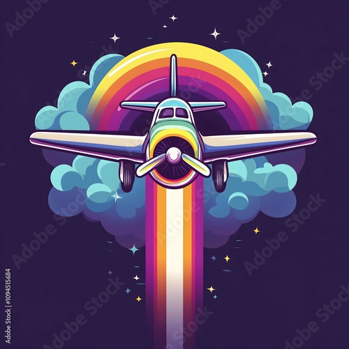 The image is a vintage-style illustration set against a warm, sunset-hued backdrop. The centerpiece is a large, retro-style passenger plane flying low over the iconic Eiffel Tower in Paris. The plane 