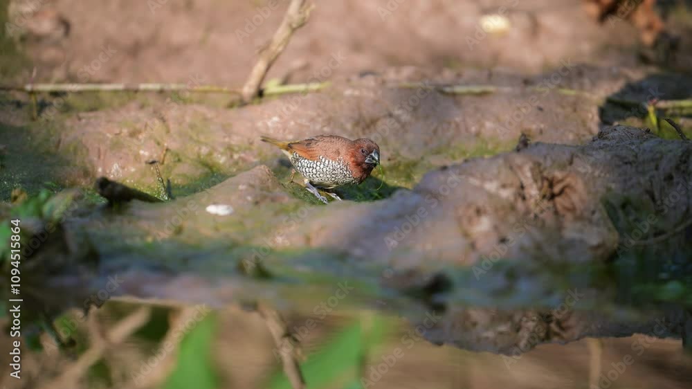 A Scaly-breasted Munia (Lonchura punctulata), also known as the Nutmeg Mannikin or Spice Finch, stands on a muddy riverbank. A Scaly-breasted Munia (Lonchura punctulata), also known as the Nutmeg Mannikin or Spice Finch, stands on a muddy riverbank.