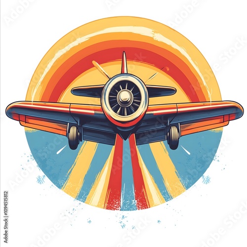 The image is a vintage-style illustration set against a warm, sunset-hued backdrop. The centerpiece is a large, retro-style passenger plane flying low over the iconic Eiffel Tower in Paris. The plane 