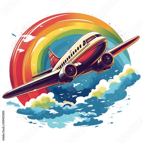 The image is a vintage-style illustration set against a warm, sunset-hued backdrop. The centerpiece is a large, retro-style passenger plane flying low over the iconic Eiffel Tower in Paris. The plane 