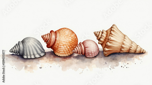 Artistic Watercolor Rendering of Various Sea Shells photo