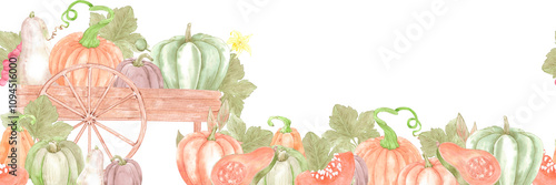 Hand drawn watercolor ripe pumpkins in the wooden cart and leaves seamless frame border isolated on white background. Rural illustration Can be used for scrapbook, textile and other printed products. photo