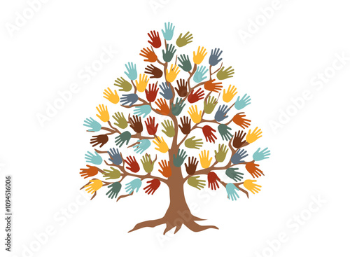 Inclusion and diversity concept clipart. Hand shaped leaves on the tree. Colorful handprints.