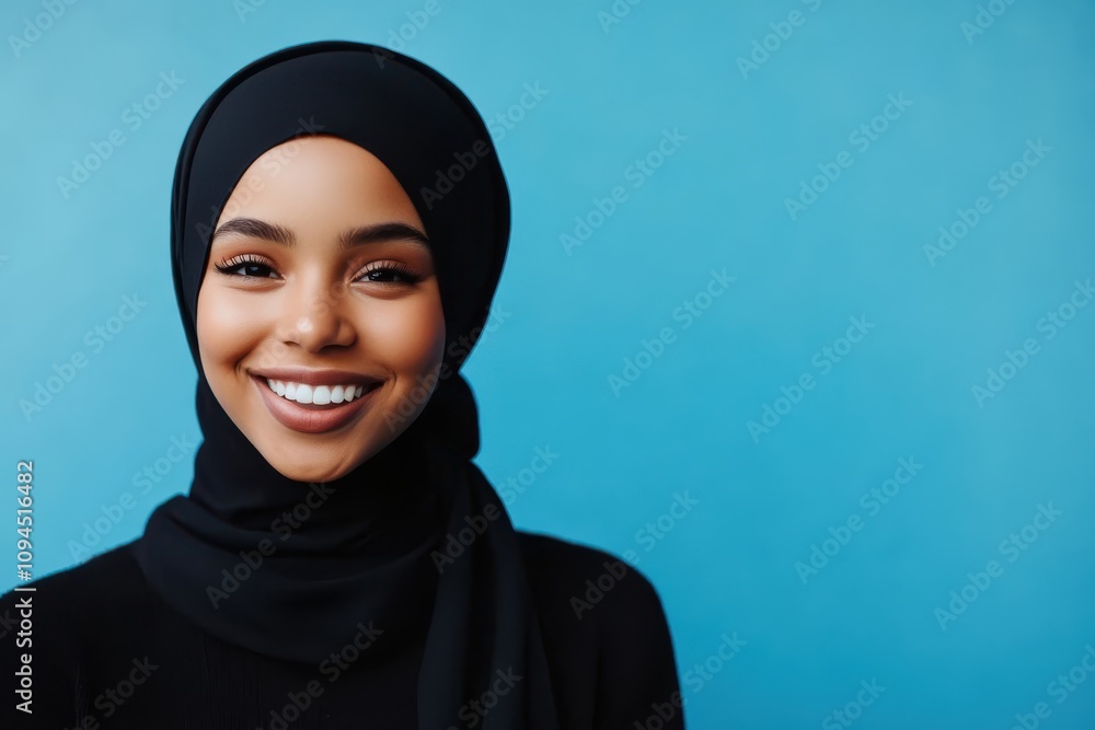 Confident young woman in black hijab smiling against vibrant blue backdrop Confident young woman in black hijab smiling against vibrant blue backdrop