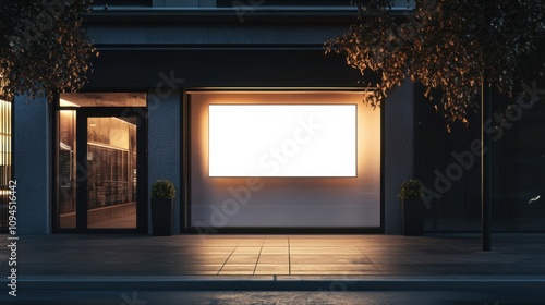 3D store front with blank signage at night