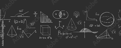 Math doodle hand drawn border, with formula, geometric shapes, chalk texture. School science lesson on blackboard background. Study seamless illustration.