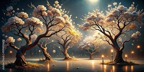 Captivating Line Art Illustration of Flowering Trees in Low Light Photography, Showcasing Intricate Details and Artistic Elegance for Nature and Art Enthusiasts