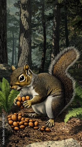 A squirrel gathers acorns in a forest setting, showcasing its natural behavior.