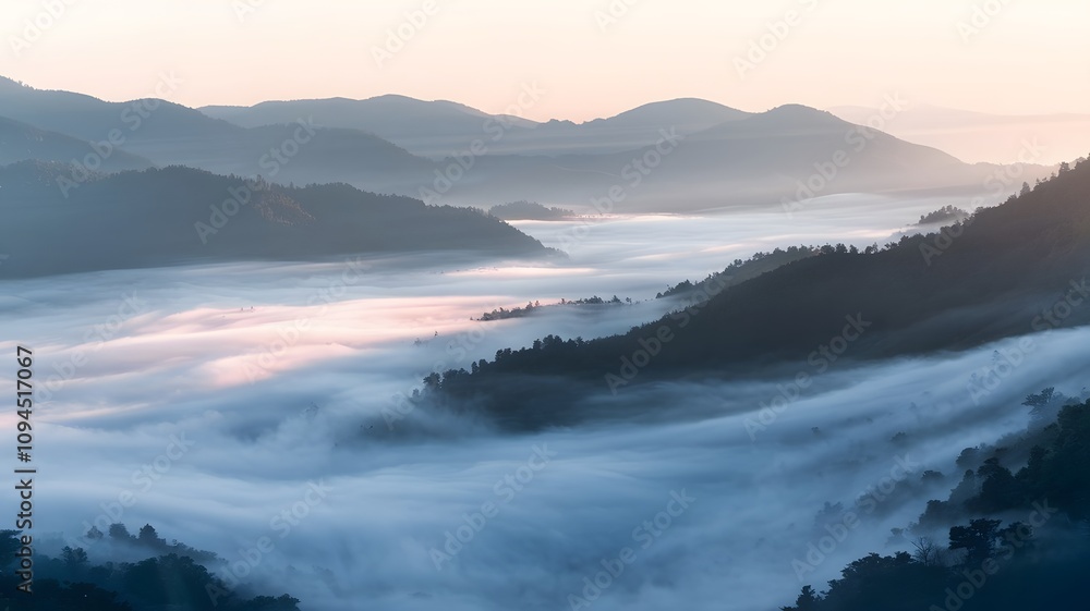 A serene mountain range covered in thick, swirling mist, with layered peaks fading into the distance. A serene mountain range covered in thick, swirling mist, with layered peaks fading into the distance.
