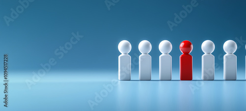 A row of white human figures with one red figure in the middle on a blue background, symbolizing a leader or team manager