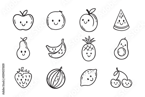 Fruits funny characters with a smile doodle hand drawn icon set. Different variable fruits happy smiling drawing clipart outline element.