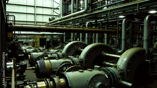 a large industrial factory with a lot of pipes a large industrial factory with a lot of pipes Witness the symphony of whirring engines and clanking metal as a factory hums with productivity photo