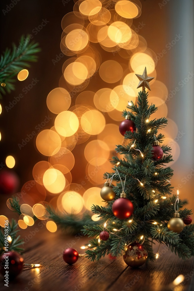 Banner for Christmas season vertical composition. Christmas tree with ornaments, blurred background with lights and space for text Banner for Christmas season vertical composition. Christmas tree with ornaments, blurred background with lights and space for text