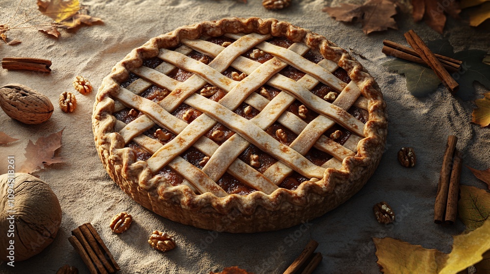 Delightful 3D Render of Autumnal Pie with Lattice Crust, Cinnamon Sticks, and Nuts on Soft Textured Surface Delightful 3D Render of Autumnal Pie with Lattice Crust, Cinnamon Sticks, and Nuts on Soft Textured Surface