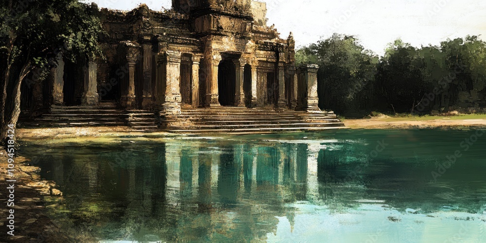 Serene temple by a tranquil water body, showcasing ancient architecture amidst nature. Serene temple by a tranquil water body, showcasing ancient architecture amidst nature.