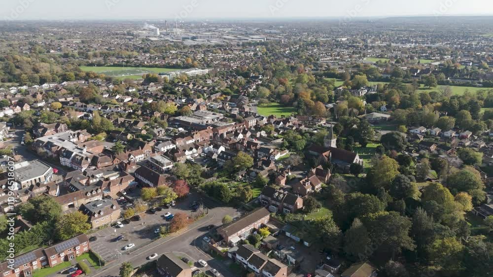 Next drone aerial reveal over Burnham High Street, showcasing the charm of local residential streets, Slough, Berkshire UK Next drone aerial reveal over Burnham High Street, showcasing the charm of local residential streets, Slough, Berkshire UK