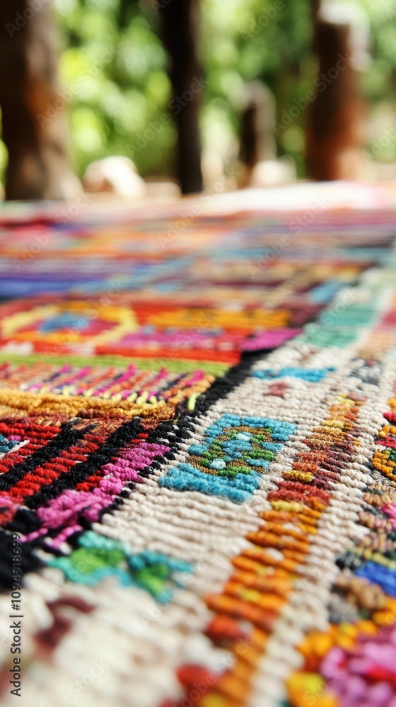 Fototapeta premium A close-up shows the vibrant patterns and textures of a handwoven Brazilian rug outdoors