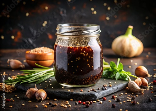 Captivating Teriyaki Sauce in a Jar Surrounded by Fresh Ingredients on a Black Background for Culinary Inspiration and Delicious Cooking Ideas
