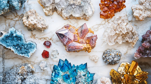 Gemstone and mineral crystal collection featuring tanzanite, spessartite, dioptase, and heliodor gems