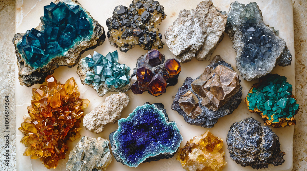 Mineral and gemstone crystal collection arranged on ivory surface with azurite, fire opal, emerald, and pyrite formations Mineral and gemstone crystal collection arranged on ivory surface with azurite, fire opal, emerald, and pyrite formations