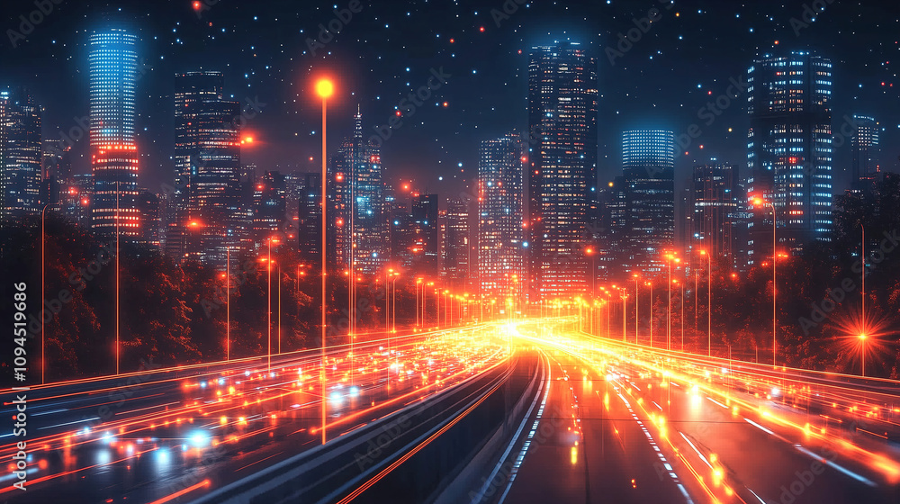 Vibrant city skyline illuminated by traffic lights at night with modern skyscrapers and starry sky. Generative AI Vibrant city skyline illuminated by traffic lights at night with modern skyscrapers and starry sky. Generative AI