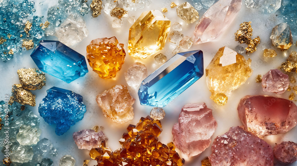 Colorful mineral and crystals display with blue tanzanite, orange spessartite, green dioptase, and golden heliodor fragments Colorful mineral and crystals display with blue tanzanite, orange spessartite, green dioptase, and golden heliodor fragments
