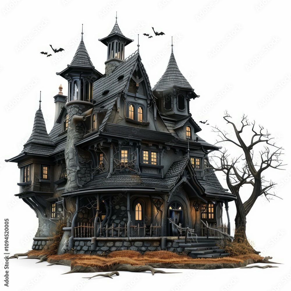 Creepy haunted house with glowing windows and bats flying around at night, perfect for halloween projects Creepy haunted house with glowing windows and bats flying around at night, perfect for halloween projects