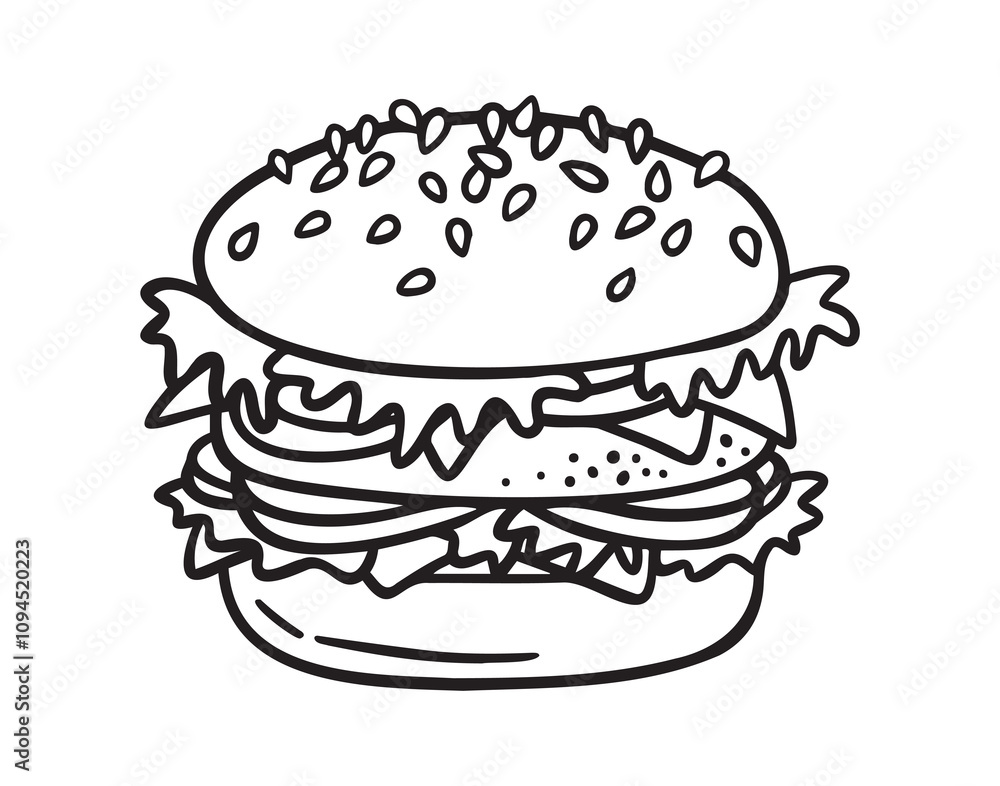 Hamburger doodle icon, burger hand drawn sign. Outline hamburger, burger line. Hamburger doodle icon, burger hand drawn sign. Outline hamburger, burger line.