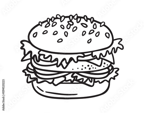 Hamburger doodle icon, burger hand drawn sign. Outline hamburger, burger line.