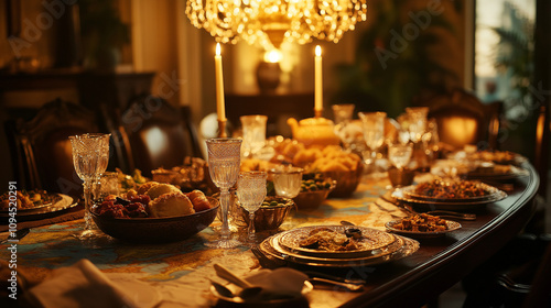 Elegant Global Culinary Dinner Table Setting, Candles, Fine Dining