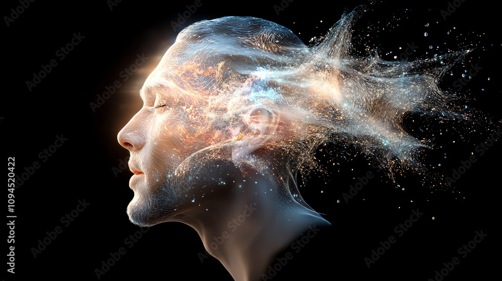 Surreal portrait of a man with a glowing head, symbolizing thoughts and creativity merging with the universe. Surreal portrait of a man with a glowing head, symbolizing thoughts and creativity merging with the universe.
