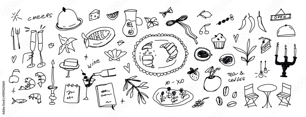 Set of vector clip art of food, wine, seafood, cheese, cake. Retro vintage line art for menus design, invitations, social media. breakfast icons in chalk or ink freehand style, doodles drawings. Set of vector clip art of food, wine, seafood, cheese, cake. Retro vintage line art for menus design, invitations, social media. breakfast icons in chalk or ink freehand style, doodles drawings.