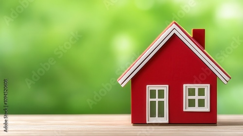 A small red model house sits on a wooden surface against a blurred green background, symbolizing home and comfort.