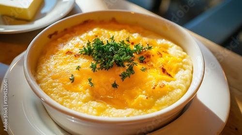 Creamy, cheesy baked grits topped with fresh herbs, served in a bowl, perfect for comfort food lovers.