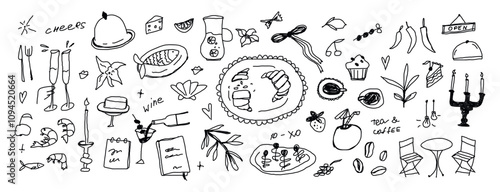 Set of vector clip art of food, wine, seafood, cheese, cake. Retro vintage line art for menus design, invitations, social media. breakfast  icons in chalk or ink freehand style, doodles drawings.