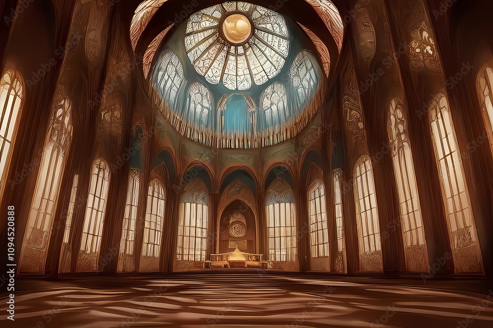 Fototapeta premium ゲーム背景 ステンドグラスの窓があるドーム教会ホール