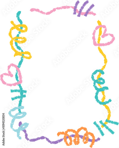 Doodle kids frame, hand drawn scribble decoration border for kindergarten or school album photo. Chidren crayon drawing. Cute color pencil ornament, 