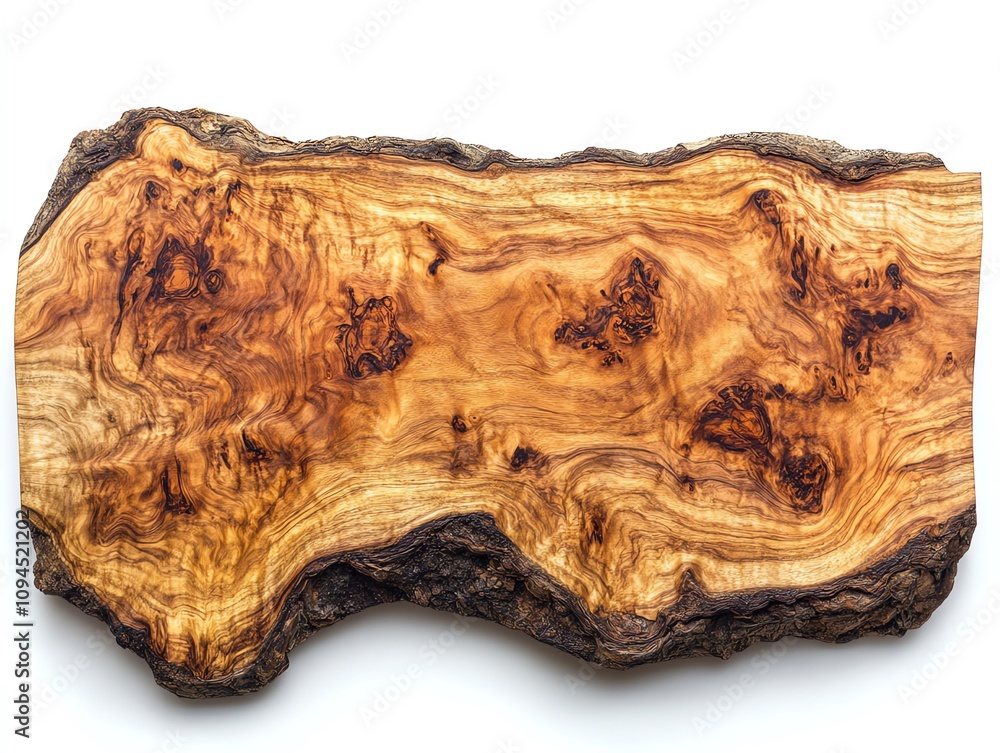 Rustic wooden cutting board made from a slice of olive tree trunk with a natural, organic shape and beautiful grain patterns. Rustic wooden cutting board made from a slice of olive tree trunk with a natural, organic shape and beautiful grain patterns.