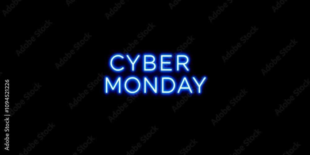 Fototapeta premium Neon blue Cyber Monday concept on dark backdrop, digital and minimalistic, isolated on white background with copy space, blue, copy space, stock photo