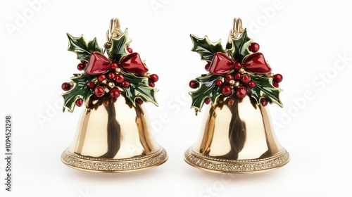 Classic Christmas golden bells with holly, berries, and red bows