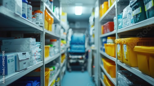 Pharmacy supplies management hospital stockroom storage close-up view