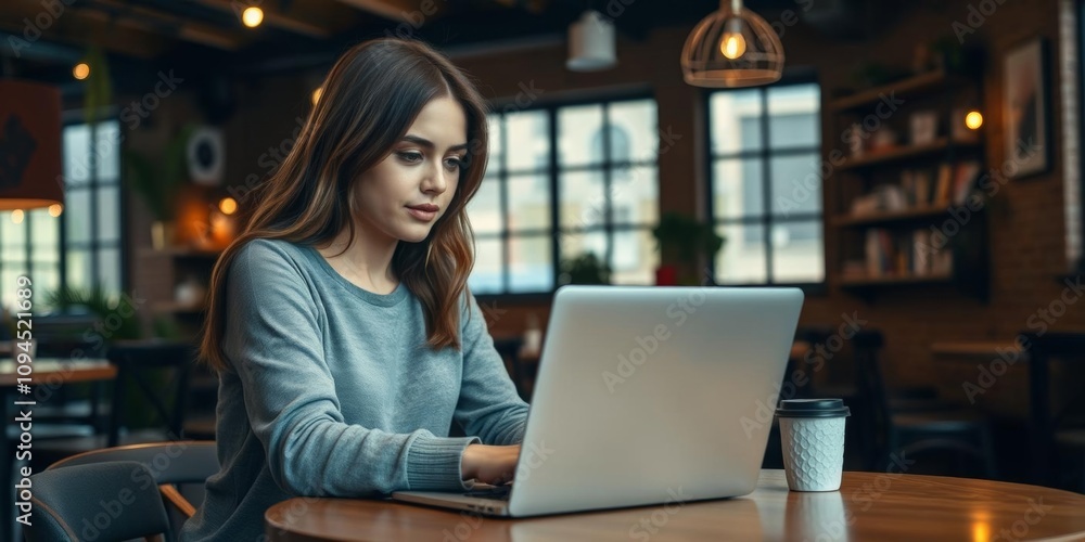 Young woman sitting at a table in a cozy loft cafe, focused on her laptop with a blank screen, with plenty of copy space, remote work, internet, copy space Young woman sitting at a table in a cozy loft cafe, focused on her laptop with a blank screen, with plenty of copy space, remote work, internet, copy space