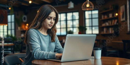 Young woman sitting at a table in a cozy loft cafe, focused on her laptop with a blank screen, with plenty of copy space, remote work, internet, copy space