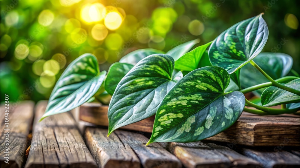 Close-Up of Lush Satin Pothos Leaves on a Rustic Wooden Plank with a Beautifully Blurred Background, Capturing the Intricate Details of Nature’s Greenery in Soft Bokeh Effect Close-Up of Lush Satin Pothos Leaves on a Rustic Wooden Plank with a Beautifully Blurred Background, Capturing the Intricate Details of Nature’s Greenery in Soft Bokeh Effect